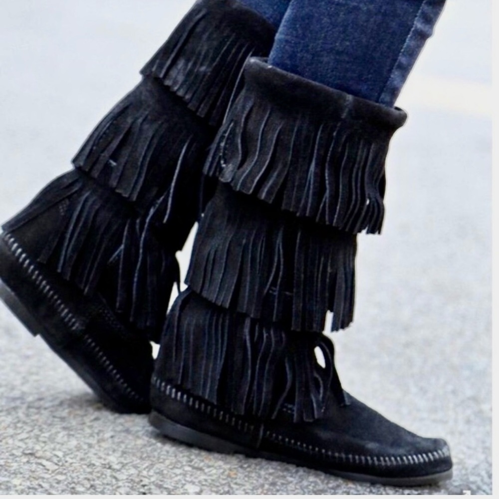 Minnetonka Black Over the Knee Fringe Moccasin Boots